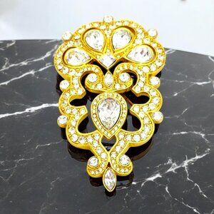 Stunning Art Deco Style Very Large Monet Gold Tone Brooch/Pin w/Crystals